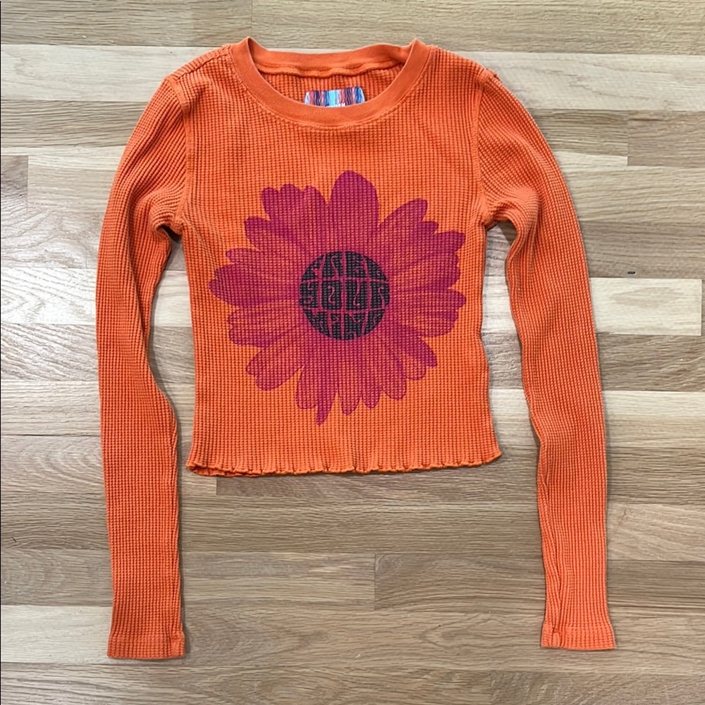 Urban Outfitters Orange Long Sleeve Tee with Pink Flower